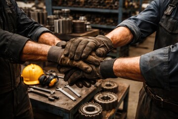 Detailed shot of metalworking professionals joining hands in an industrial parts warehouse for partnership