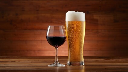 Light beer and red wine glasses placed on rustic wood background emphasizing drink presentation, National Drink Responsibly Week