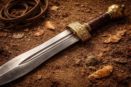 Detailed view of a Roman gladius sword on textured earth representing antique artistry