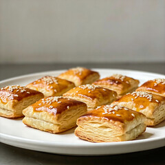 A plate of pastries with sesame seeds on top