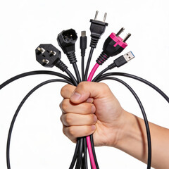 A hand is holding a bundle of cords, including a USB cable, a power cord