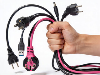 A hand is holding a bundle of wires, including a USB cable, a power cord
