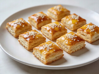 A plate of pastries with sesame seeds on top