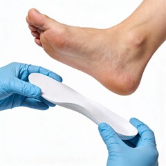 A person is wearing gloves and holding a white shoe insert