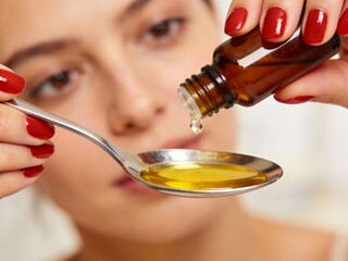 A woman is holding a spoon and pouring oil into it