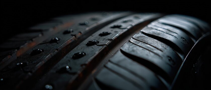 Closeup macro shot of a wet car tire tread with water droplets, highlighting grip and traction in dark, moody lighting