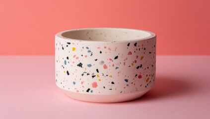 A terrazzo planter with a confetti pattern sits on a pink surface.