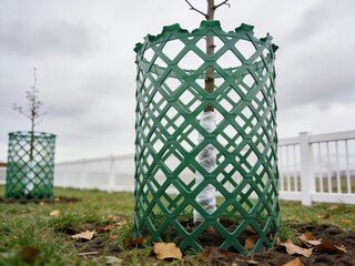 Two green trees are planted in plastic containers with mesh lids