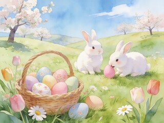 Two white rabbits are sitting in a basket full of Easter eggs