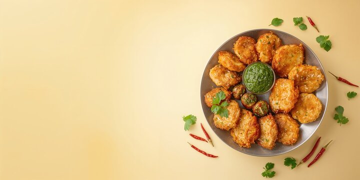 Fritters including Moong dal ke pakode and bhajias with green mint and coriander chutney, traditional snack presentation, selective focus, light background