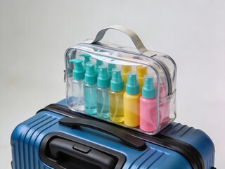 A clear case with many bottles of different colors and sizes