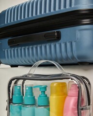 A clear plastic case with a blue suitcase next to it