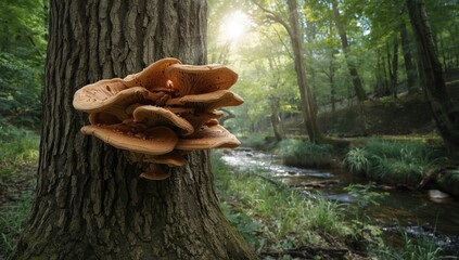 Mushroom attached to a tree trunk in a wooded area beside a flowing stream, highlighting forest biodiversity