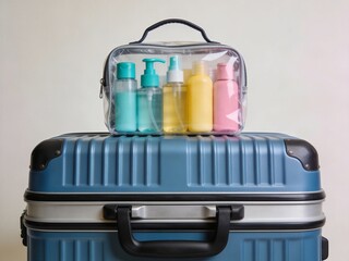 A clear case with a blue suitcase on top of it