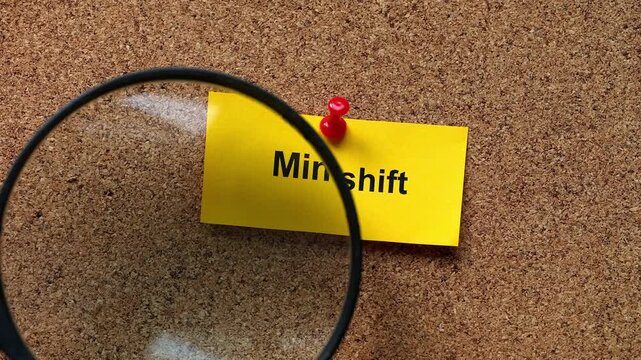 A person with a magnifying glass in his hand magnifying a yellow piece of paper with the word Mindshift on it. Close up.