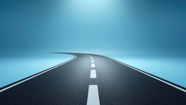 3d model of an asphalt road segment isolated on a blue backdrop, used for UI background or technical illustrations
