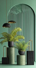 Green plants on pedestals under hanging lights against a striped background.