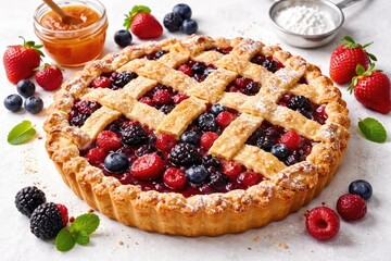 Artisan crostata pie with mixed berry filling and marmalade on white backdrop designed for culinary promos