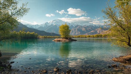 Serene mountain lake surrounded by snow-covered peaks, ideal for nature photography or landscape compositions