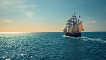 Maritime vessel amidst vast sea, focused on navigation and steering operations