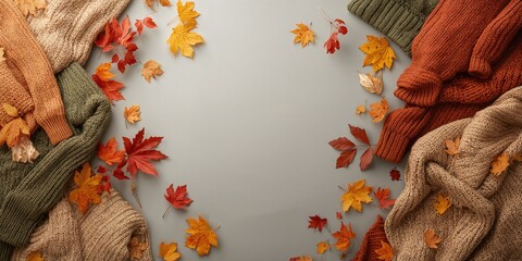 Vivid autumn-themed flat pattern with colorful sweater and leaf illustrations, designed for textile or wallpaper use