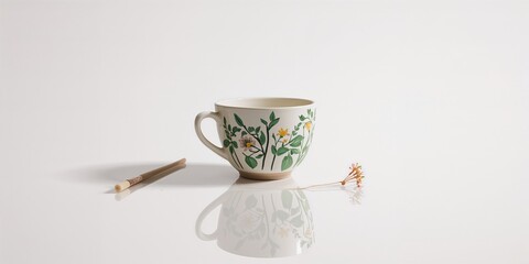 Fototapeta premium Decorative ceramic mug with painted design on a white surface, ideal for editorial header backgrounds