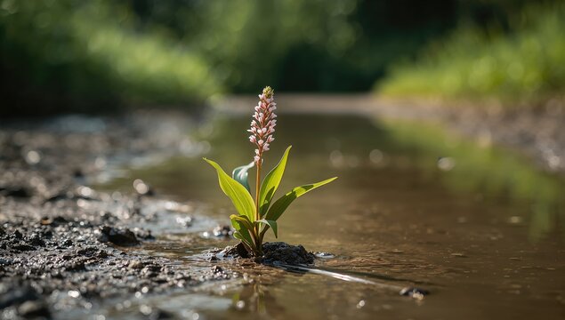 Longroot smartweed growing out of water on muddy soil, illustrating plant adaptation for erosion risk