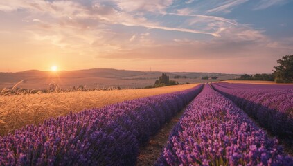 Fototapeta premium Lavender field in Provence with extensive purple blooms for agricultural use, floral landscape, Earth Day