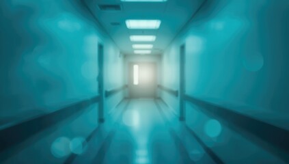 Fototapeta premium Out-of-focus hospital hallway with blue hues serving as a backdrop for medical information display, healthcare communication