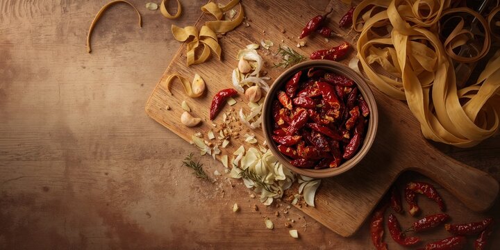 Overhead shot of chopped garlic, onions, dried chillies, and uncooked linguine pasta arranged for cooking, highlighting kitchen workflow