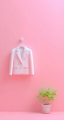 Light pink blazer hangs on a hook next to a potted plant.