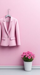 Pink blazer hangs on a hanger next to a potted plant with pink roses.