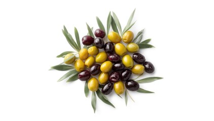 Unripe raw olives laid out on white background, highlighting their firmness and color for food processing