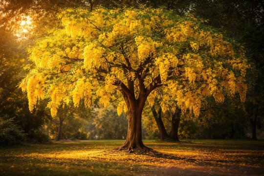 Medium stature Indian Laburnum tree in full flower with large vivid blooms