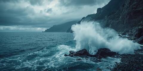 Ocean surge crashing on jagged shoreline with spray and foam ahead of storm, highlighting coastal erosion hazards