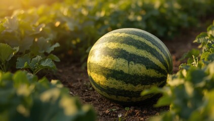 Summer large green berry watermelon in the garden amidst green leaves and soil, highlighting agricultural produce and health benefits