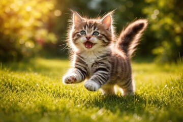 Obraz premium Delighted young cat frolicking on a lush green grass lawn full length portrait during a bright summer day