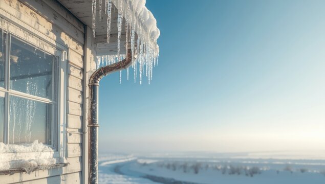 Rain gutter on a structure with hanging icicles, highlighting winter safety risks and winterization needs