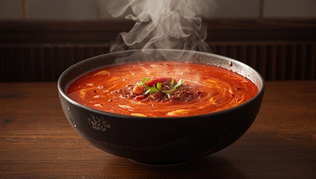 Giant serving of fiery Chinese Mala soup, highlighting aromatic spices and broth richness, World Malaria Day