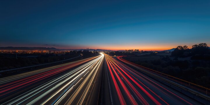 Night scene of vehicles on a highway at night, emphasizing night driving conditions and traffic flow