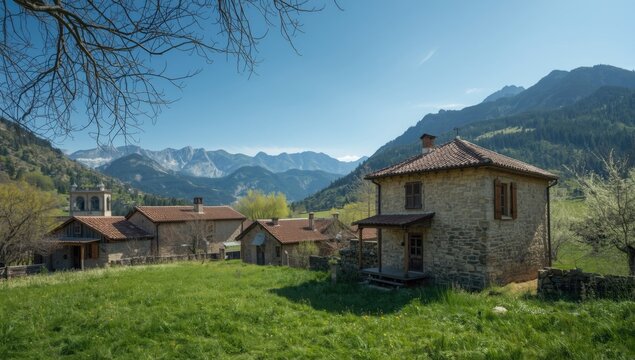 Traditional Greek village setting in Ampelakia Larissa Thessaly emphasizing historic buildings