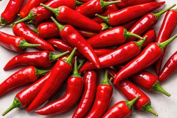 Detailed close aerial photo of shiny red chili peppers spread on a plain surface