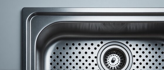 Closeup of a modern stainless steel kitchen sink with drain and perforated insert, showcasing clean lines and metallic texture