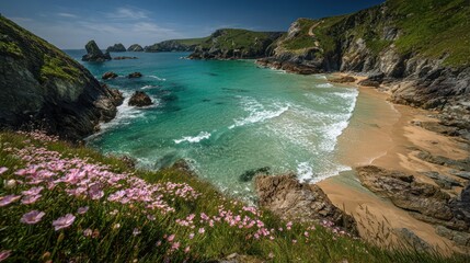 Picturesque coastal cove reveals turquoise ocean water meeting golden sand beneath a bright summer sky