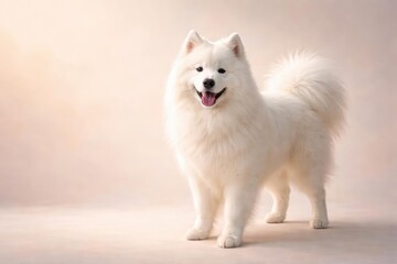 Charming Samoyed full length portrait on light pastel background featuring copy space