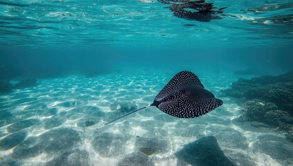 Obraz premium Stingray swimming near the ocean floor, highlighting marine habitat preservation