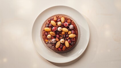 Fototapeta premium Fruit cake on a white plate, highlighting rich ingredients and traditional baking style, holiday or seasonal celebration
