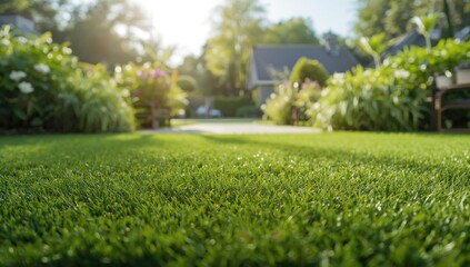 Green synthetic grass flooring shown as a textured backdrop for urban landscaping and sports facility design