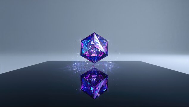 3d model of a luminous neon cube floating above a reflective black surface, illustrating concepts of higher-dimensional space