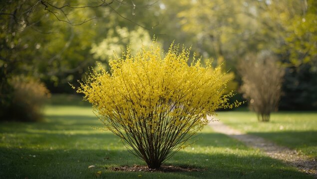 Forsythia shrub in full bloom, springtime floral display, natural landscape